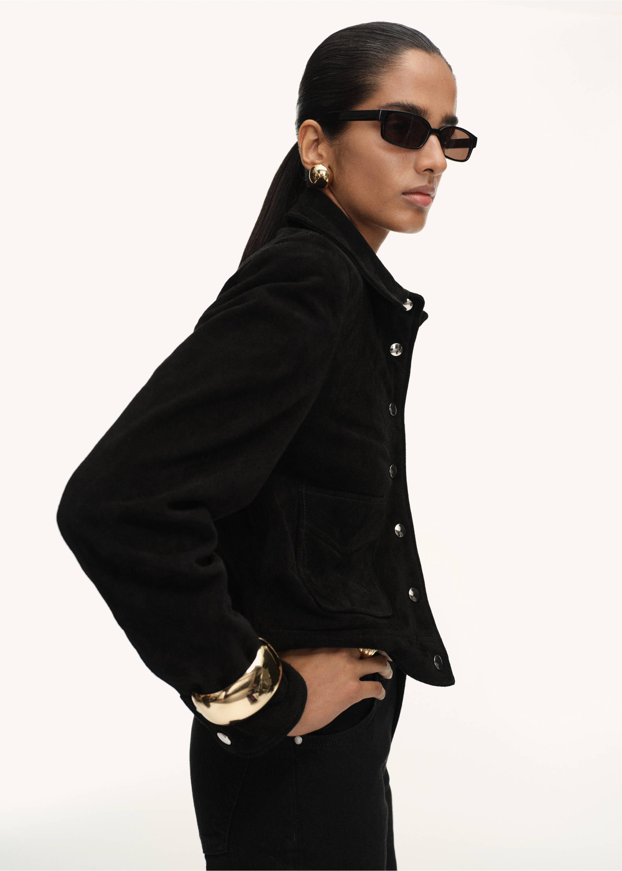 Chaqueta piel serraje botones - Plano medio, Negro. Ref: 17045788-00.