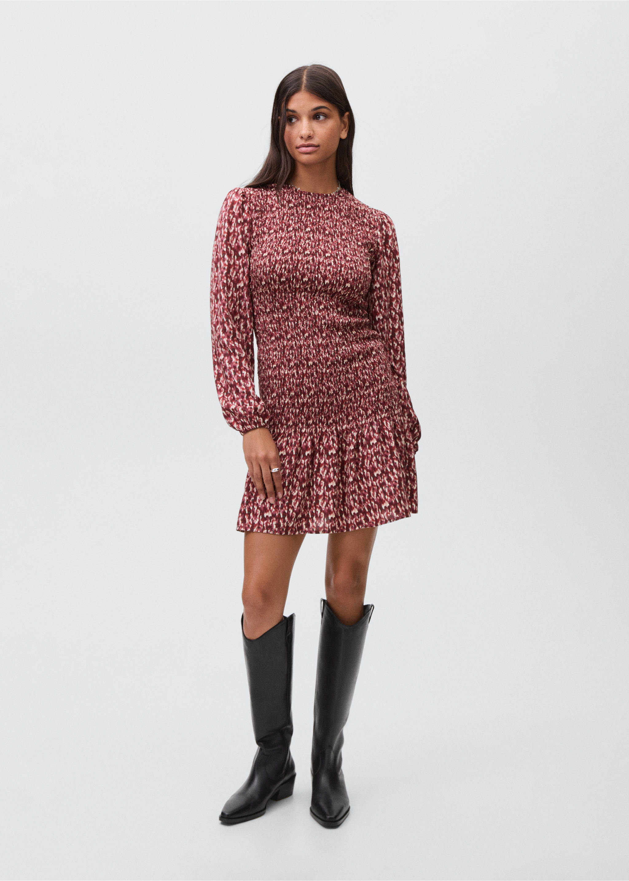 Vestido estampado volante - Plano general, Granate. Ref: 17045792-00.