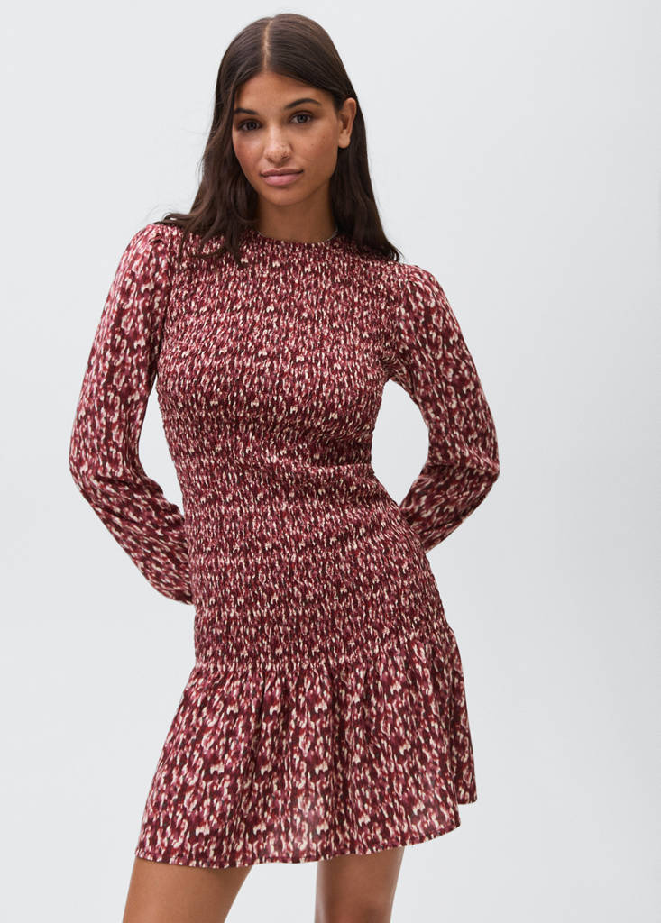 Printed ruffle dress — Maroon