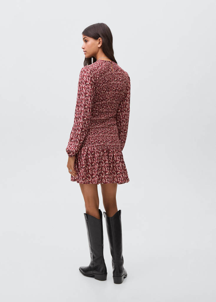 Printed ruffle dress — Maroon