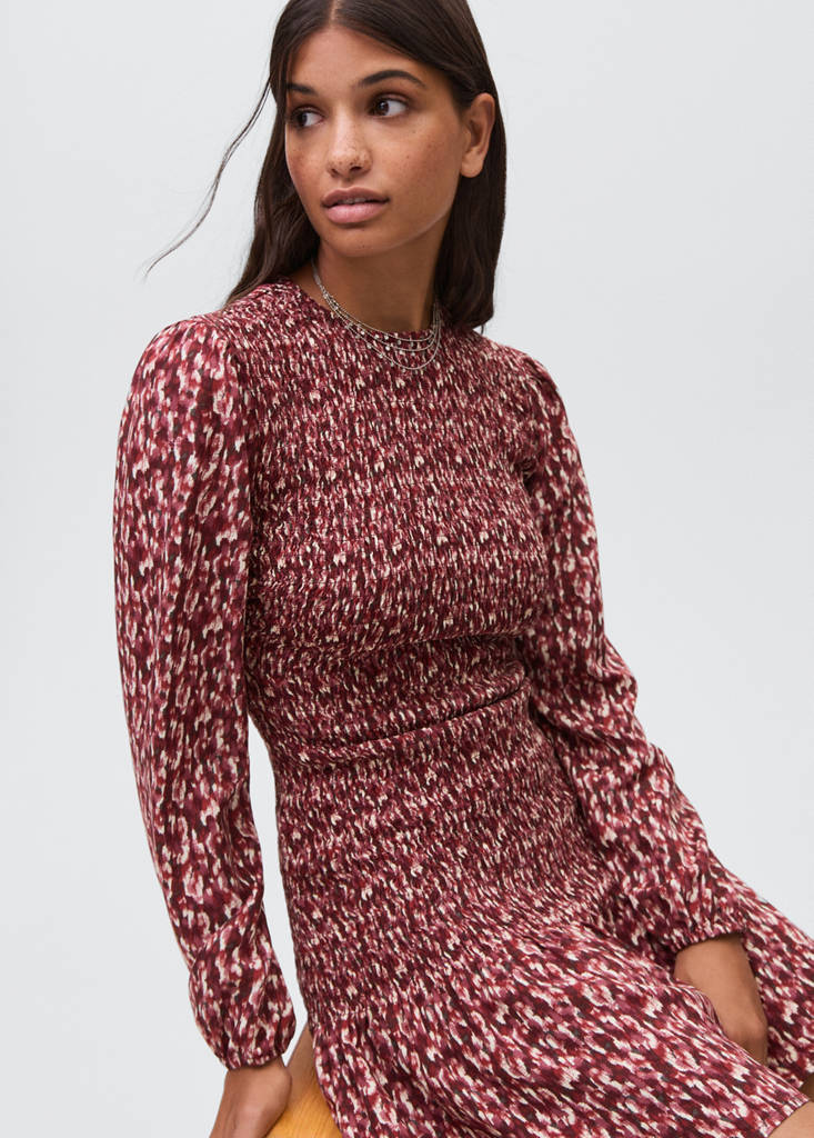 Printed ruffle dress — Maroon