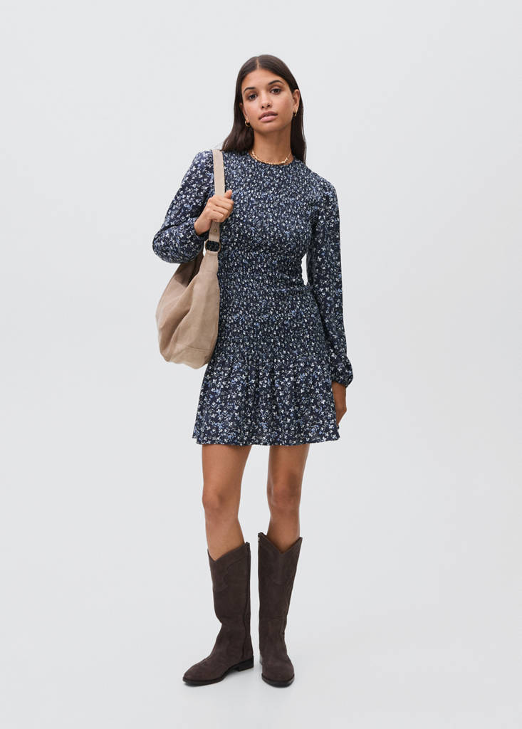 Ruffled floral dress — Dark Navy