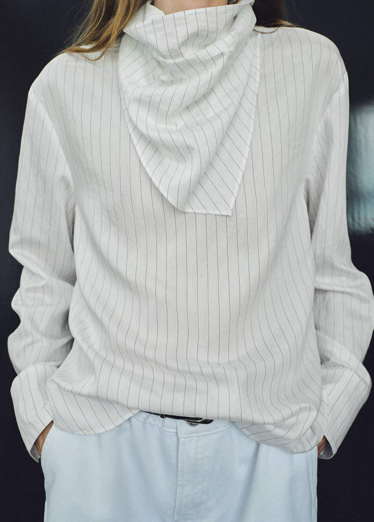 Striped blouse with handkerchief — White