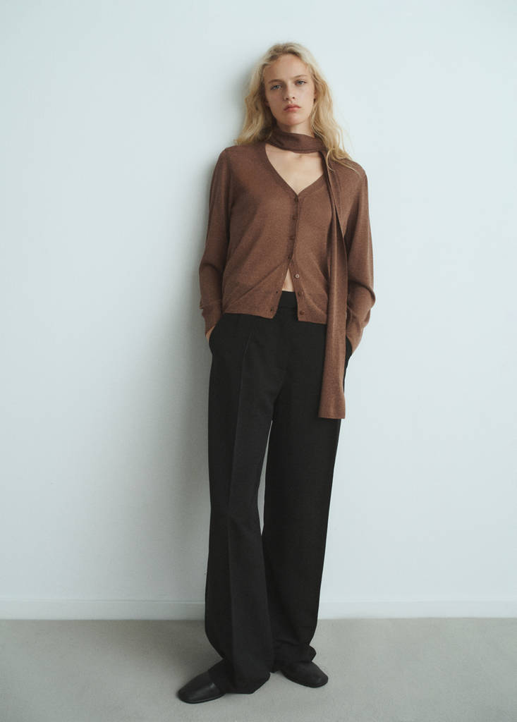 Fine-knit cardigan with foulard — Brown