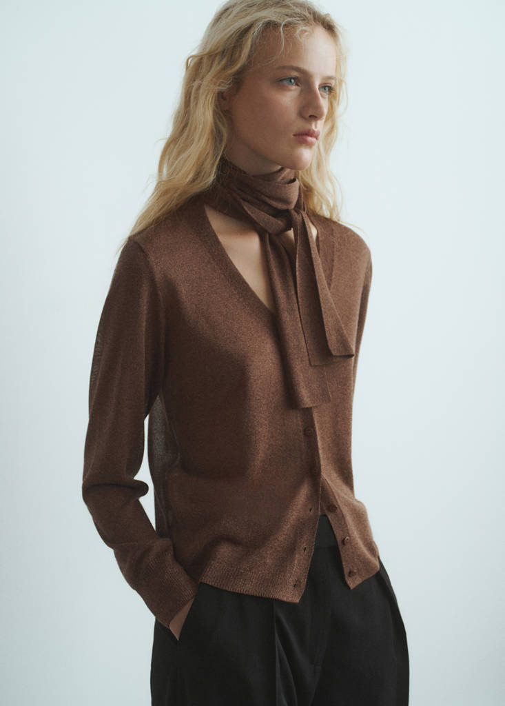 Fine-knit cardigan with foulard — Brown