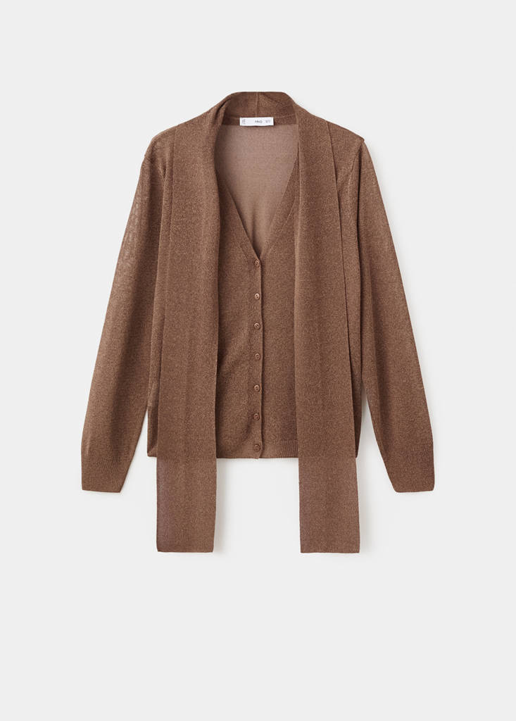 Fine-knit cardigan with foulard — Brown