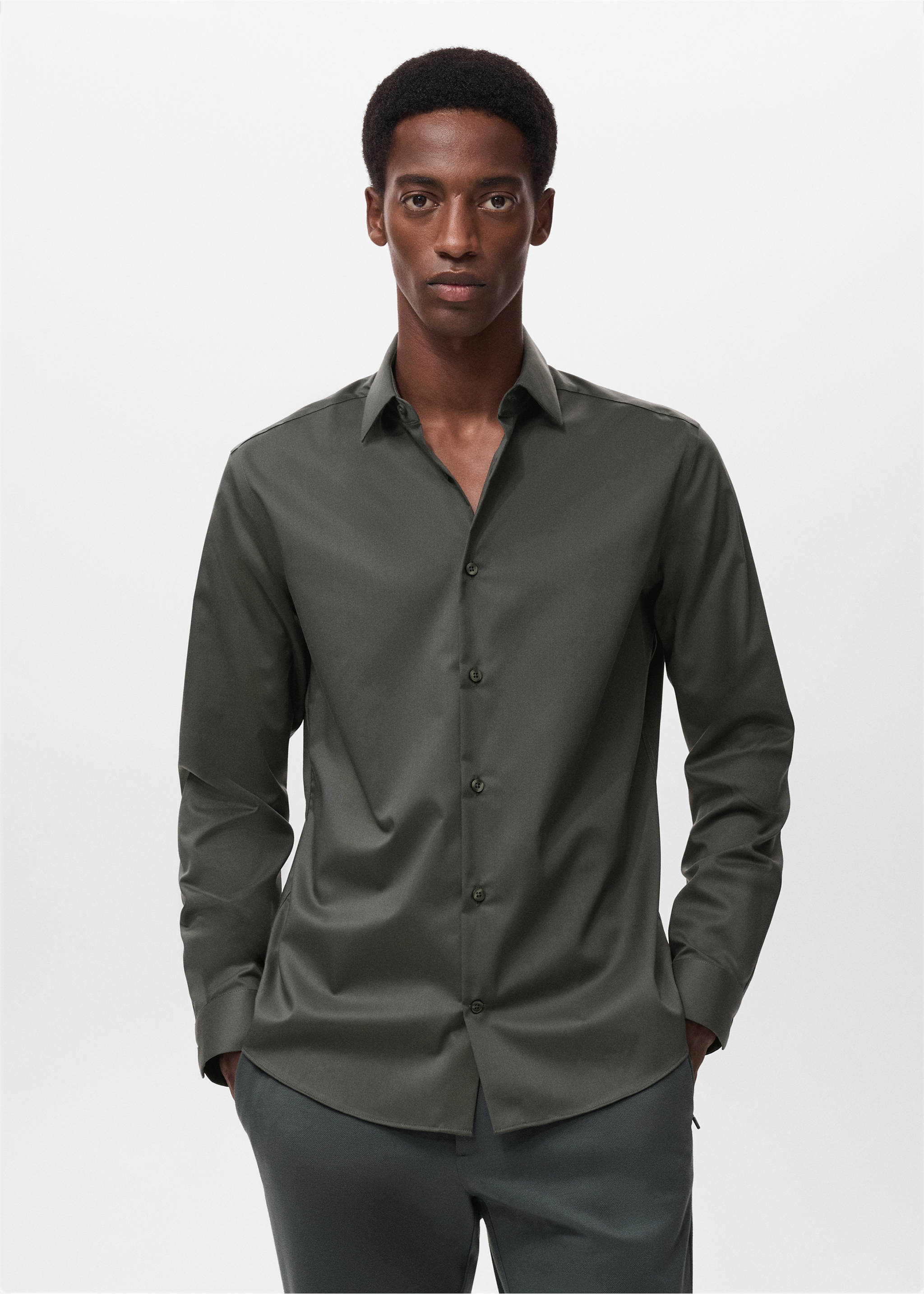 Chemise comfort stretch non-iron - Plan moyen, Kaki. Ref: 17045980-00.