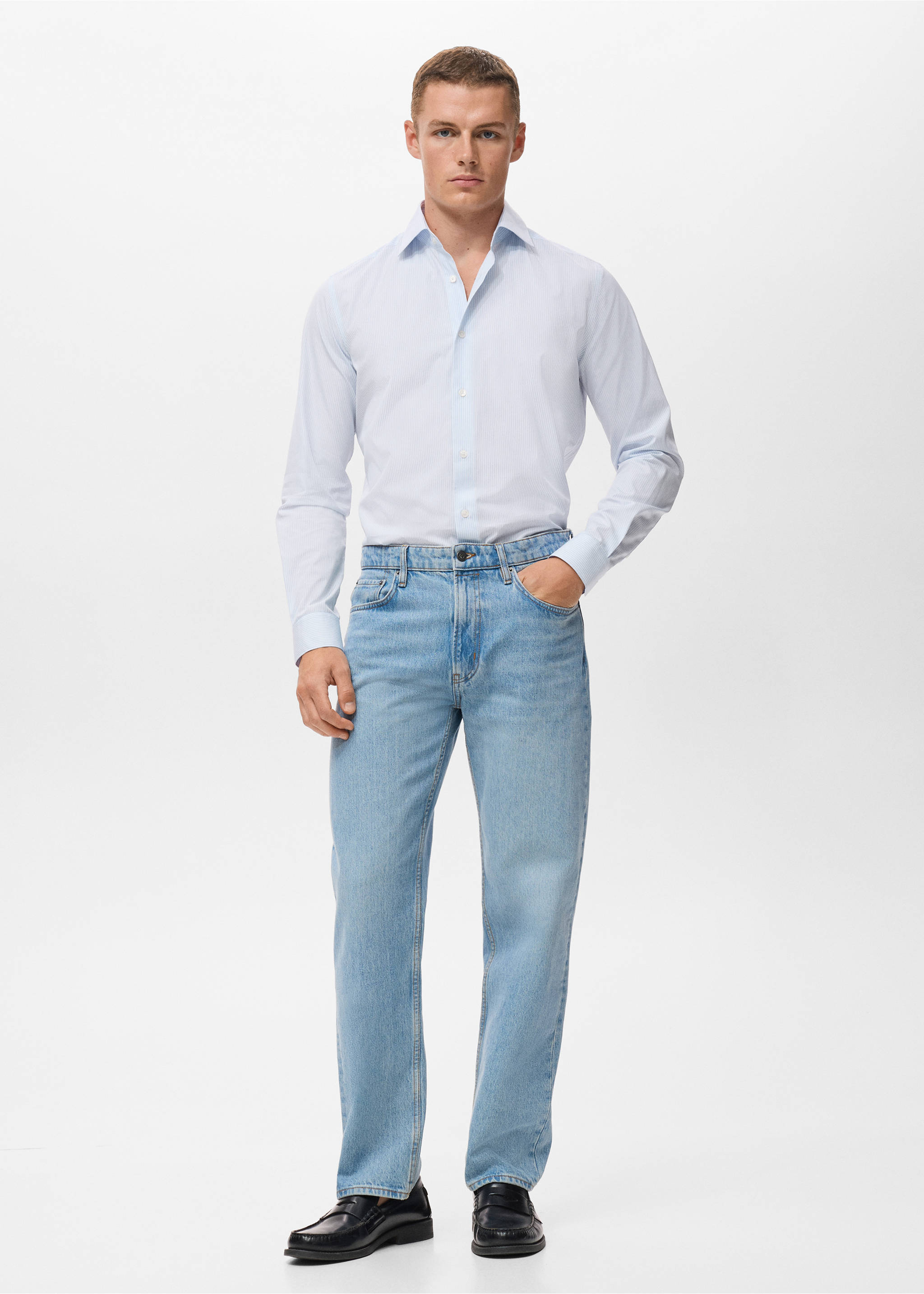 Gestreept slim-fit overhemd 100% katoen - Overzichtstekening, Hemelsblauw. Ref: 17046001-00.