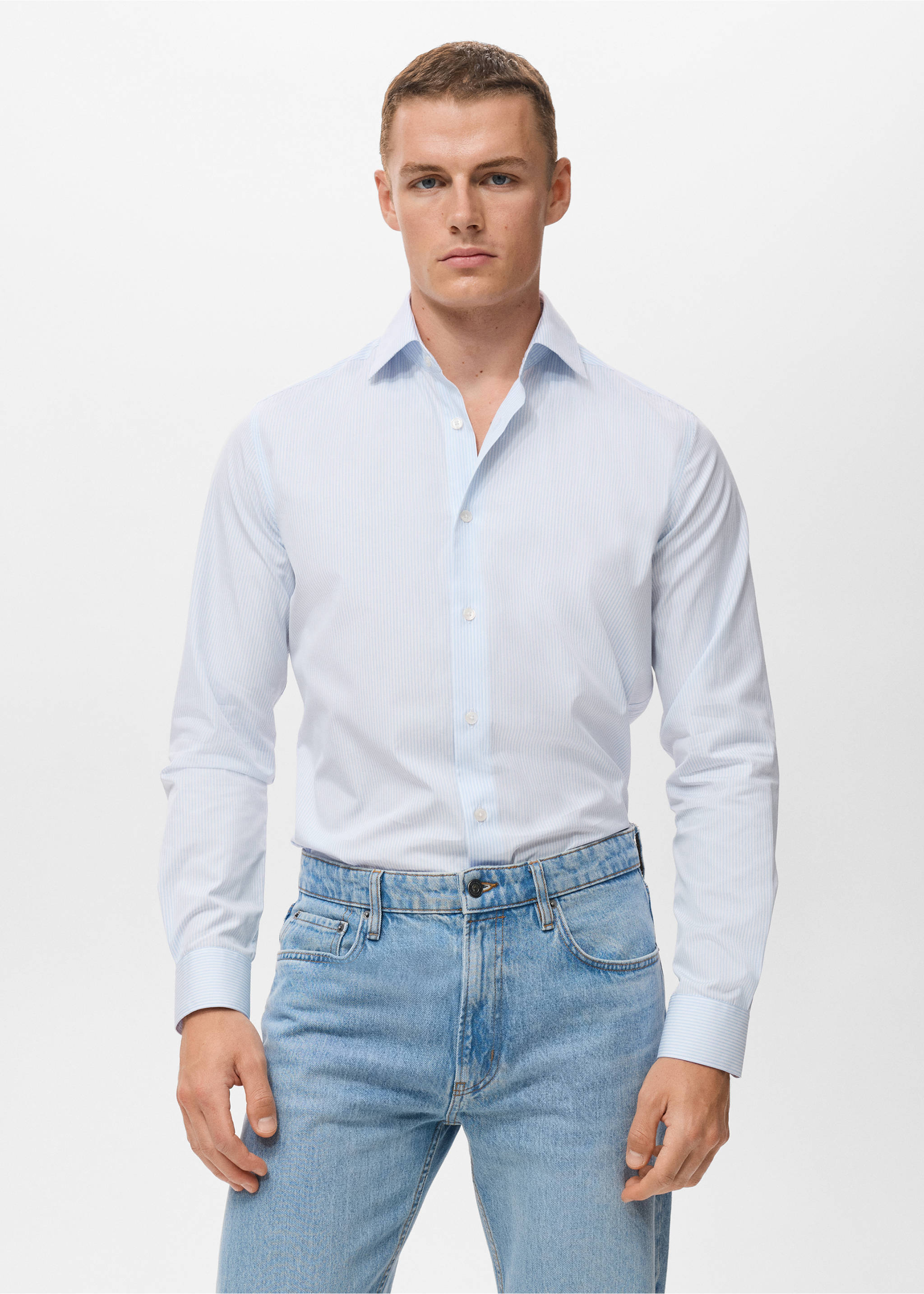 Gestreept slim-fit overhemd 100% katoen - Middenvlak, Hemelsblauw. Ref: 17046001-00.