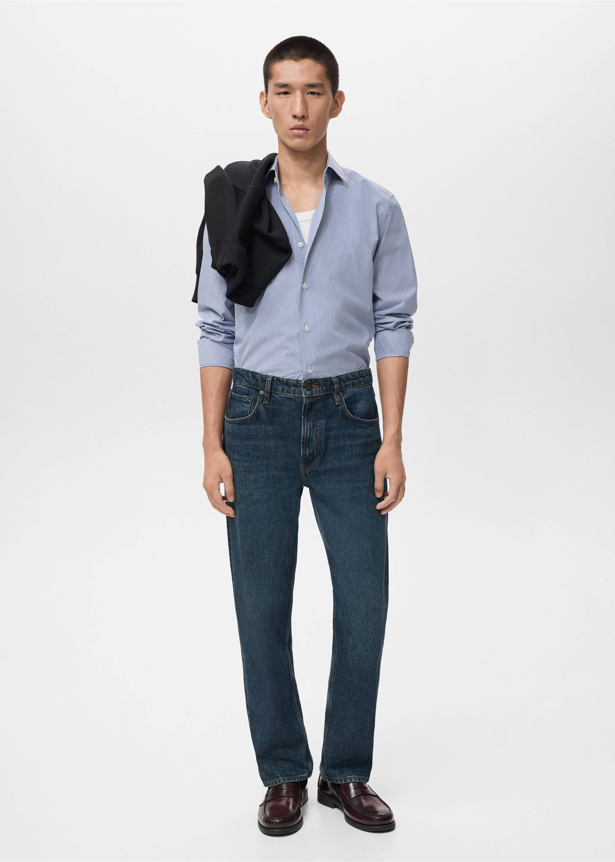 Gestreept slim-fit overhemd 100% katoen - Overzichtstekening, Blauw. Ref: 17046001-00.