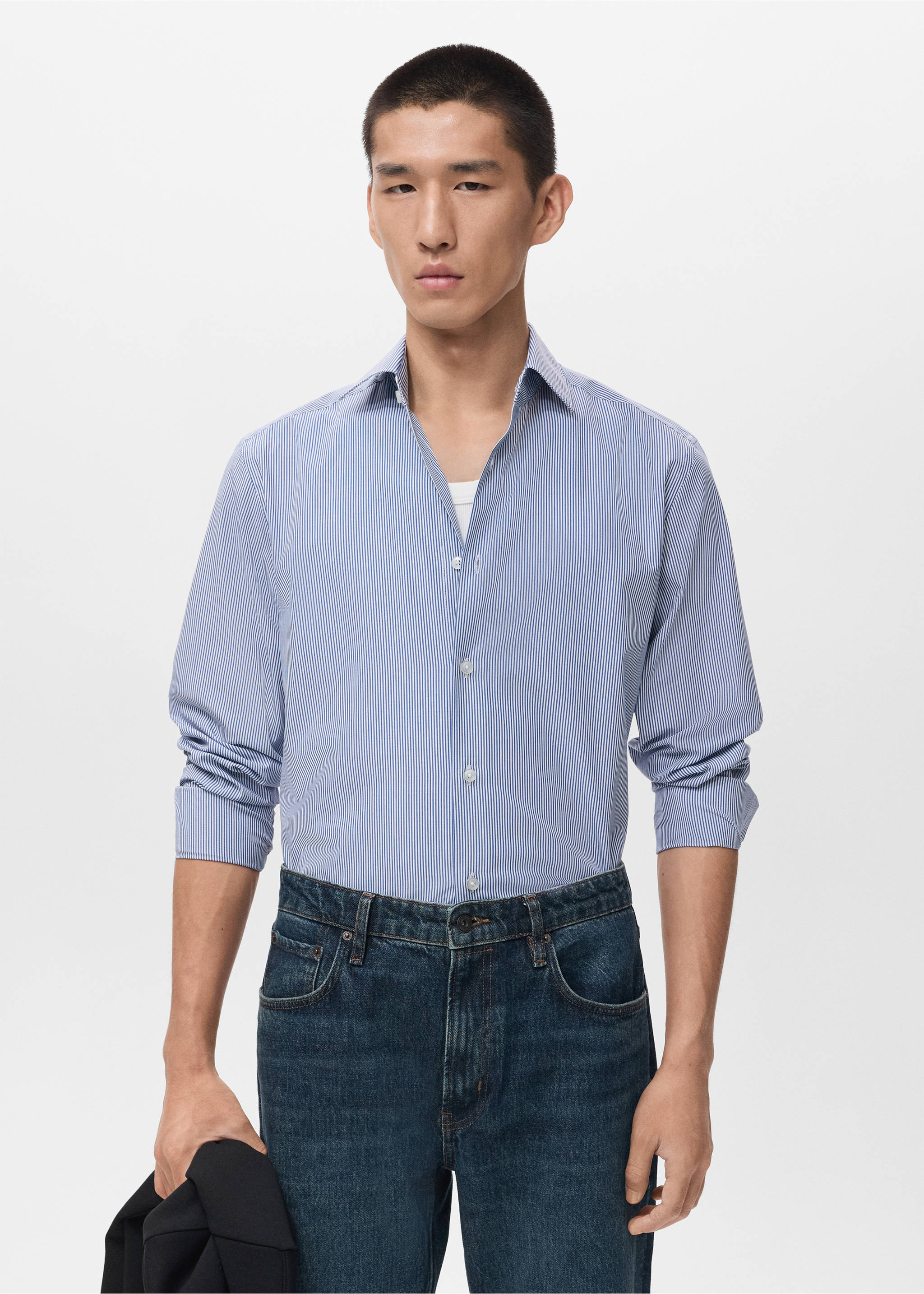 Gestreept slim-fit overhemd 100% katoen - Middenvlak, Blauw. Ref: 17046001-00.