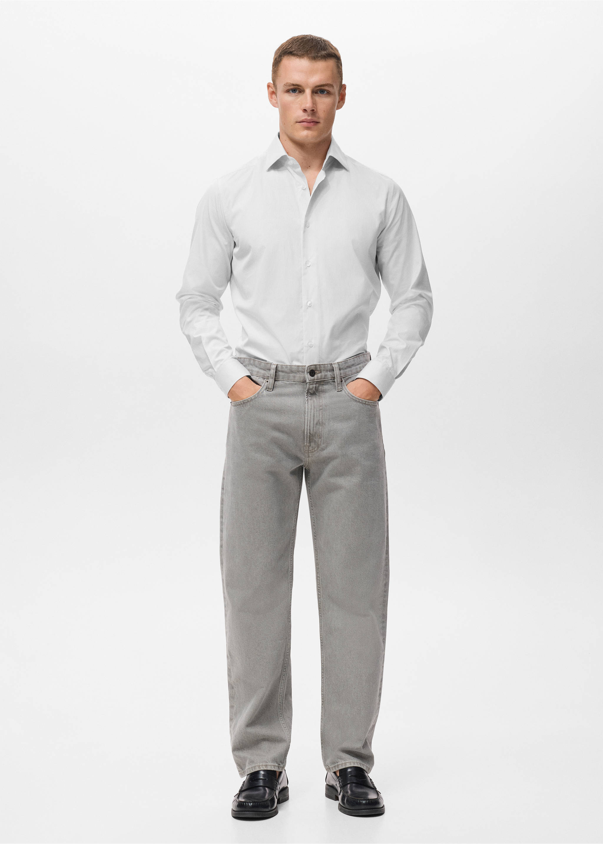 Gestreept slim-fit overhemd 100% katoen - Overzichtstekening, Grijs. Ref: 17046001-00.