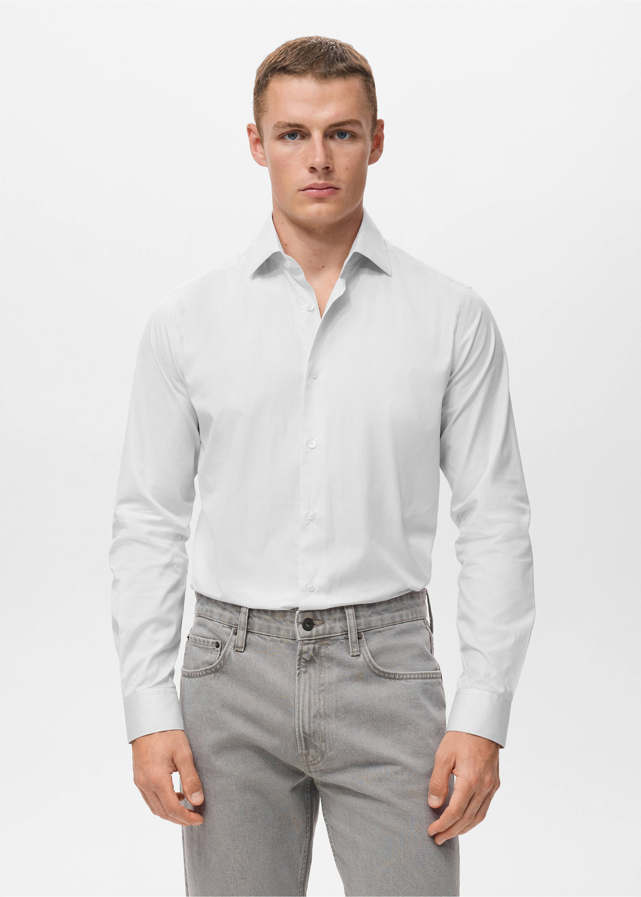 Gestreept slim-fit overhemd 100% katoen - Middenvlak, Grijs. Ref: 17046001-00.