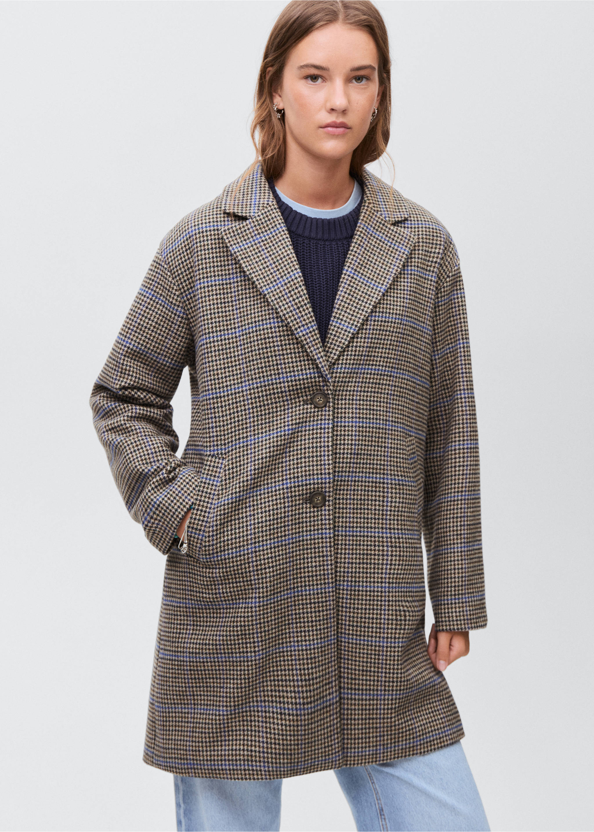 Пальто из шерсти в гусиную лапку - Средний план, Бежевый. Ref: 17046327-00.