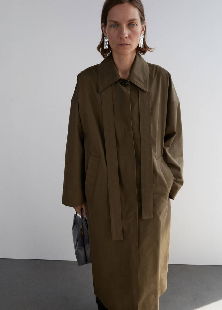 Long cotton trench coat with concealed buttons — Medium Brown