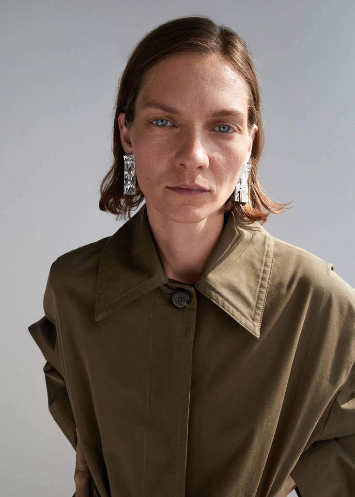 Long cotton trench coat with concealed buttons — Medium Brown