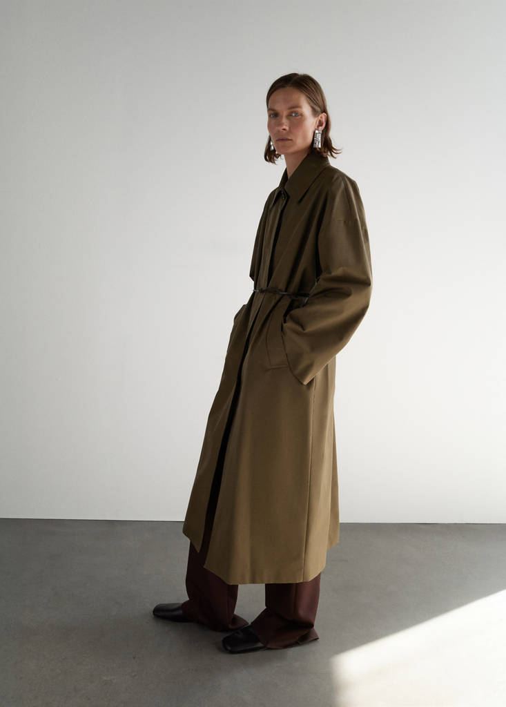 Long cotton trench coat with concealed buttons — Medium Brown