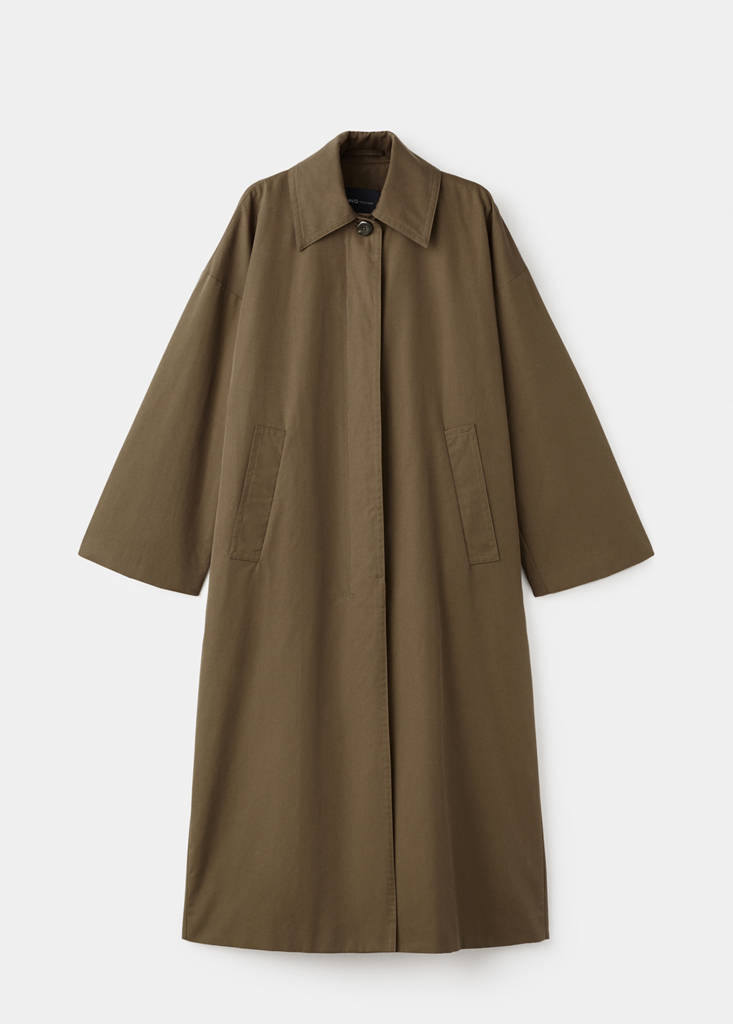 Long cotton trench coat with concealed buttons — Medium Brown