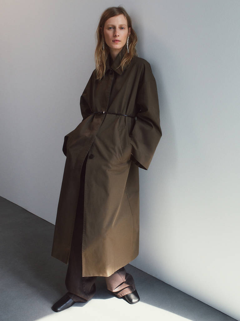 Long cotton trench coat with concealed buttons — Medium Brown