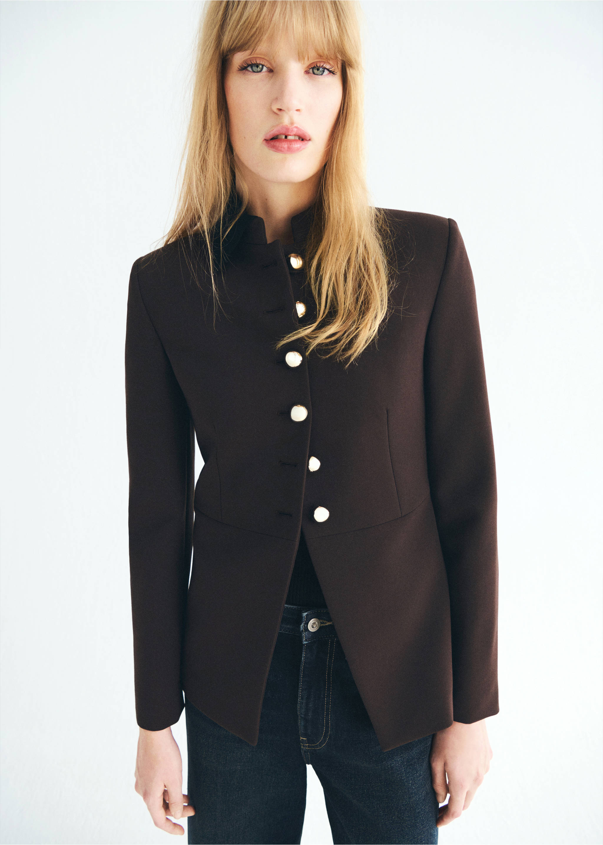Jacket with jewel-button strip collar - Medium plane, Brown. Ref: 17046362-00.