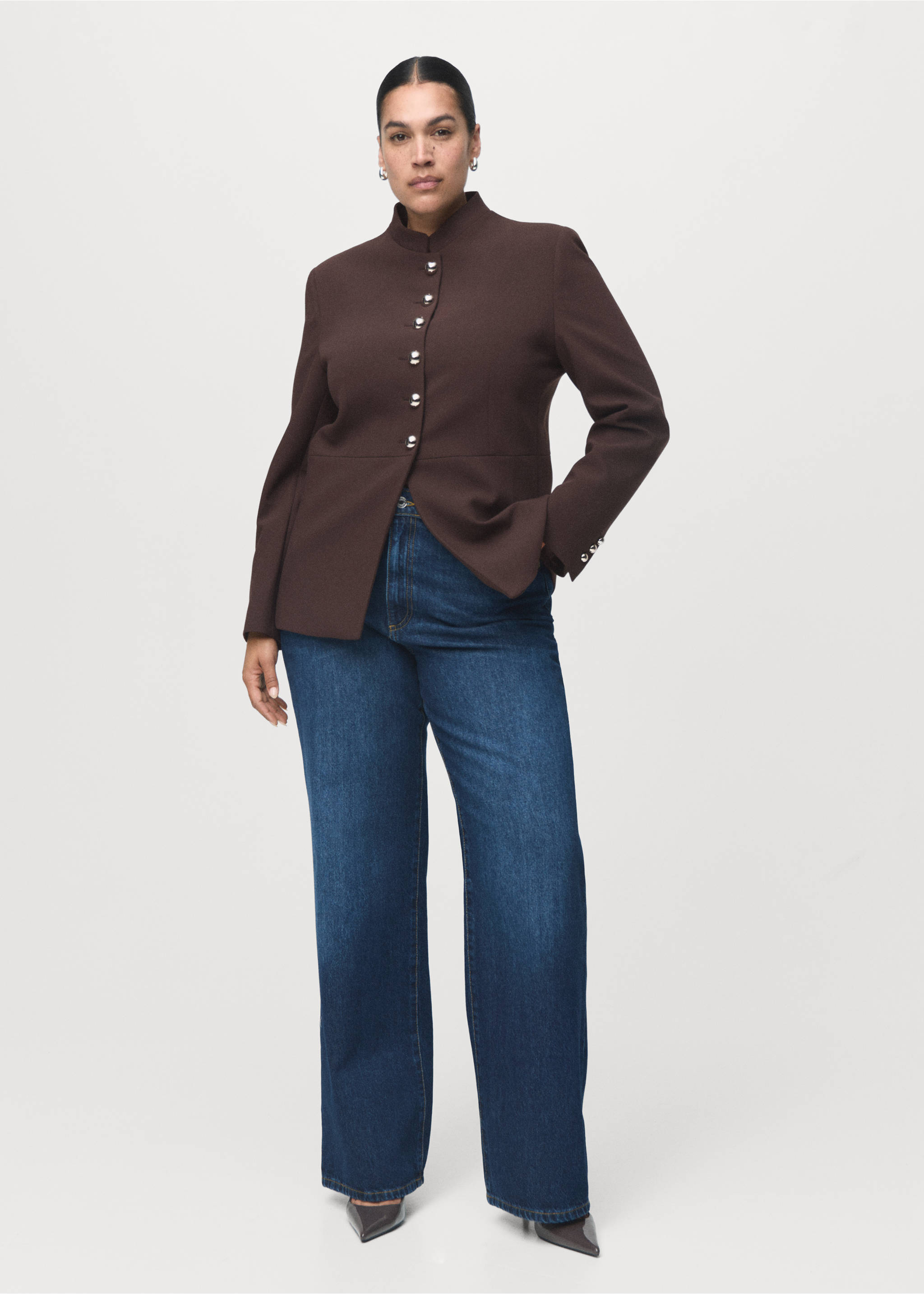 Jacket with jewel-button strip collar - Details of the article 3, Brown. Ref: 17046362-00.