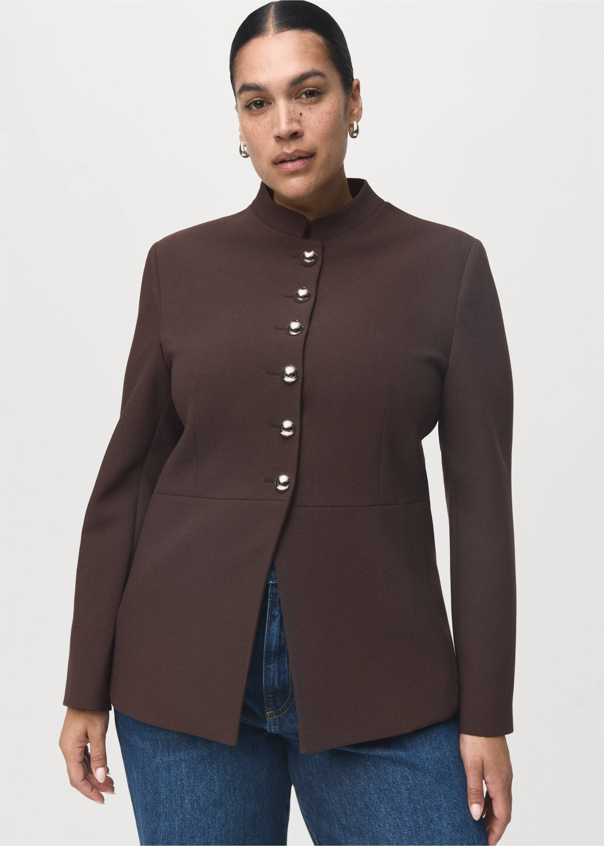 Jacket with jewel-button strip collar - Details of the article 5, Brown. Ref: 17046362-00.