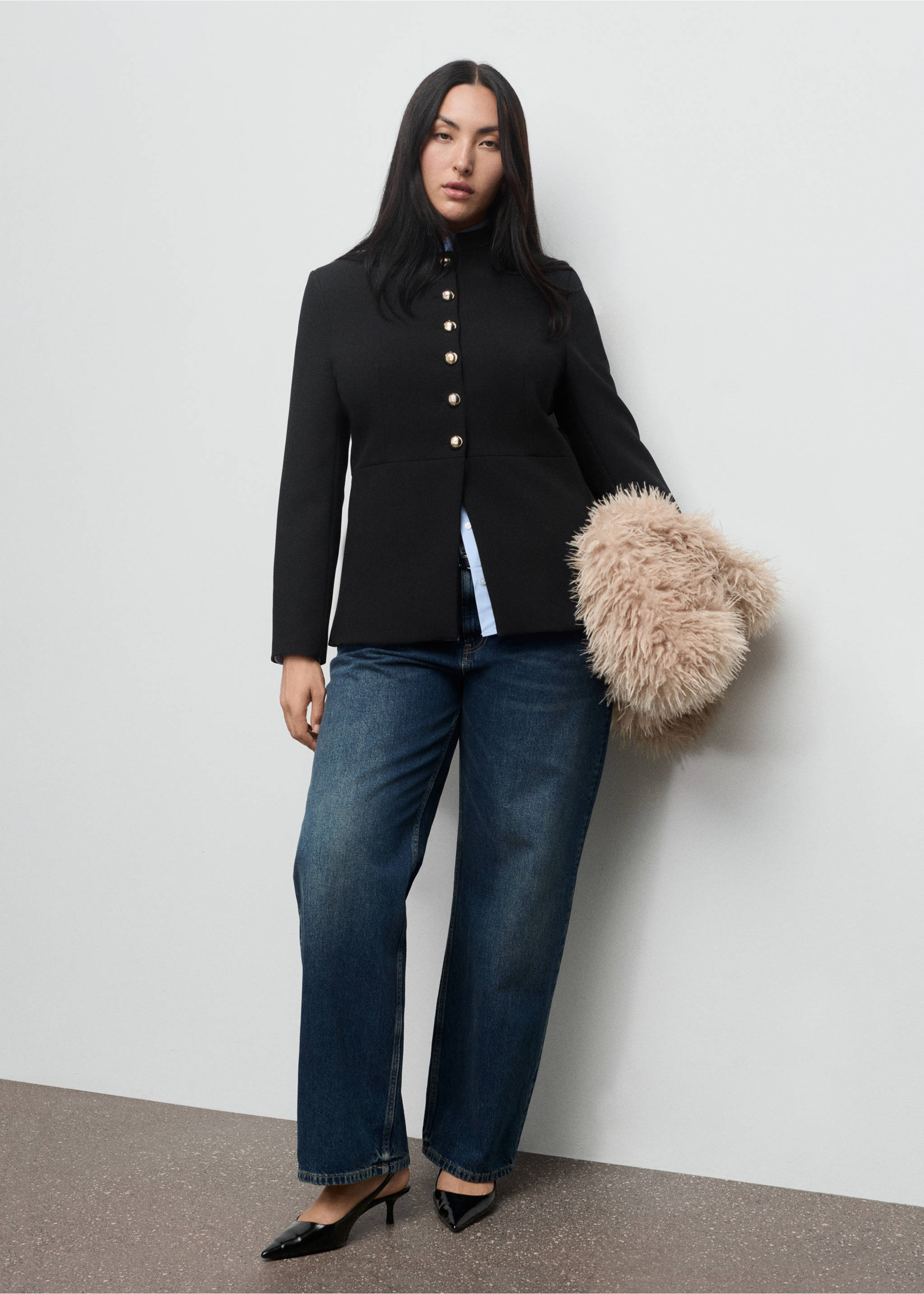 Jacket with jewel-button strip collar - Details of the article 3, Black. Ref: 17046362-00.