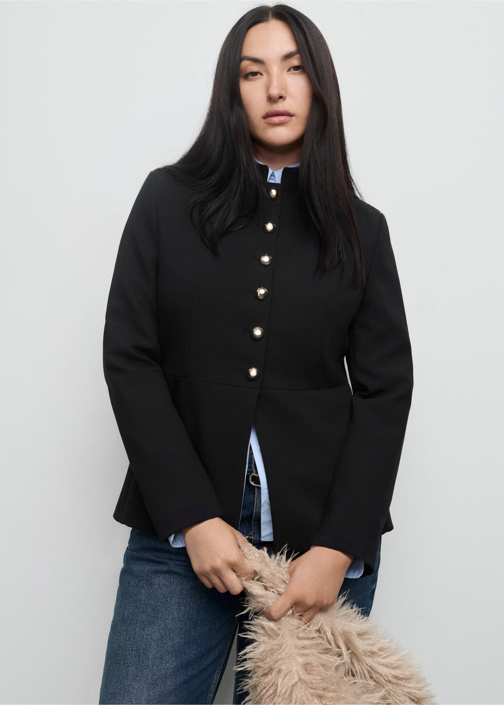 Jacket with jewel-button strip collar - Details of the article 5, Black. Ref: 17046362-00.