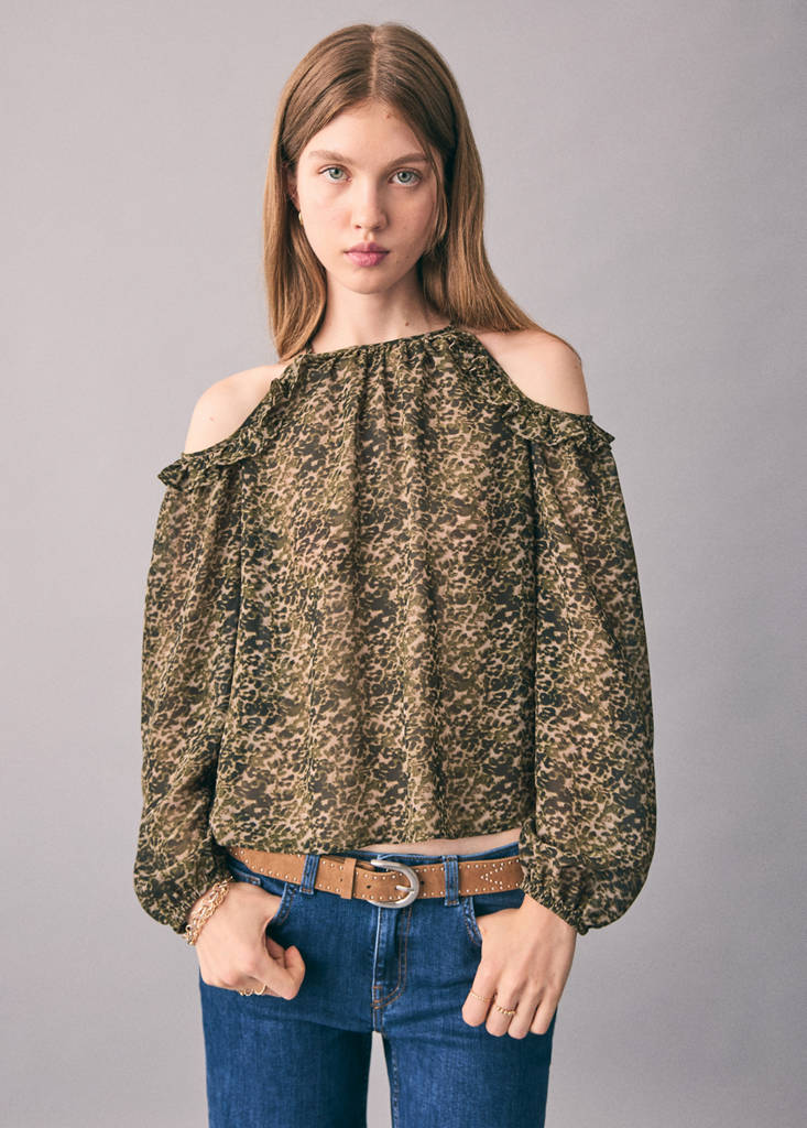 Printed blouse with cut-out — Khaki