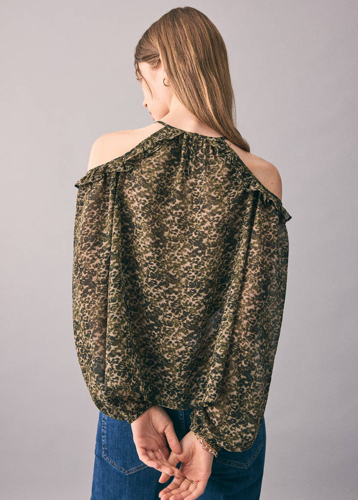 Printed blouse with cut-out — Khaki