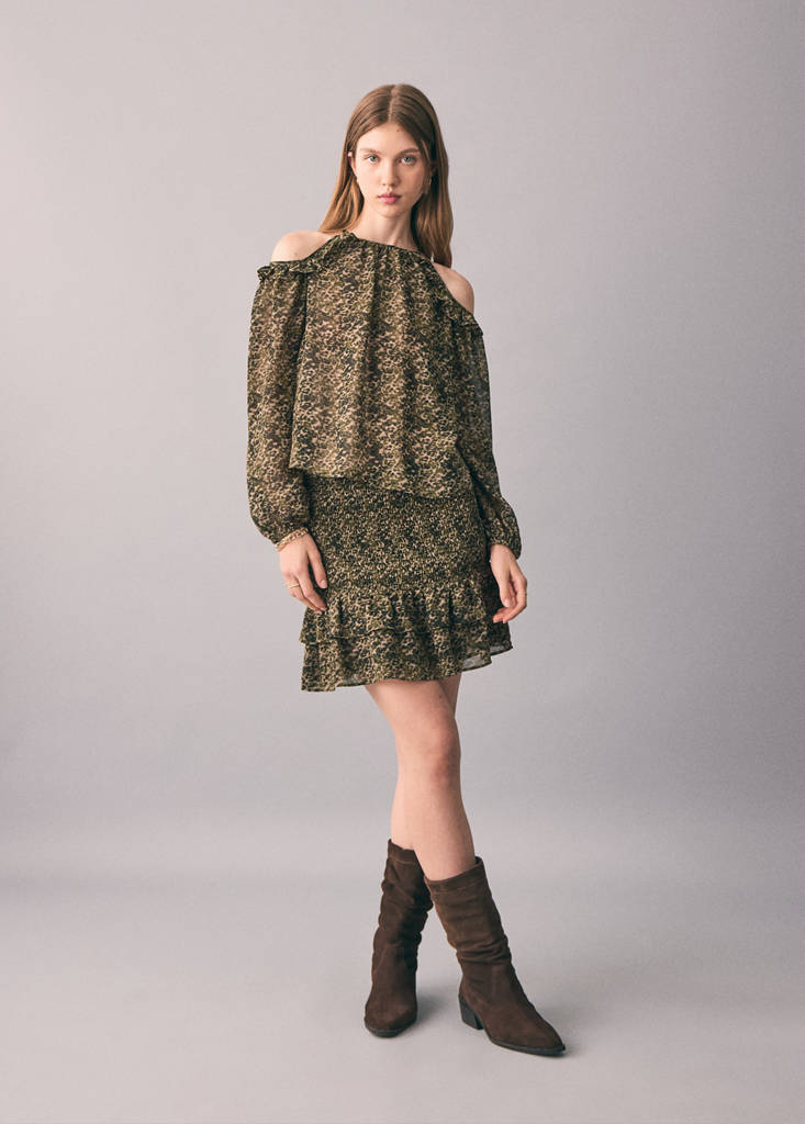 Printed blouse with cut-out — Khaki