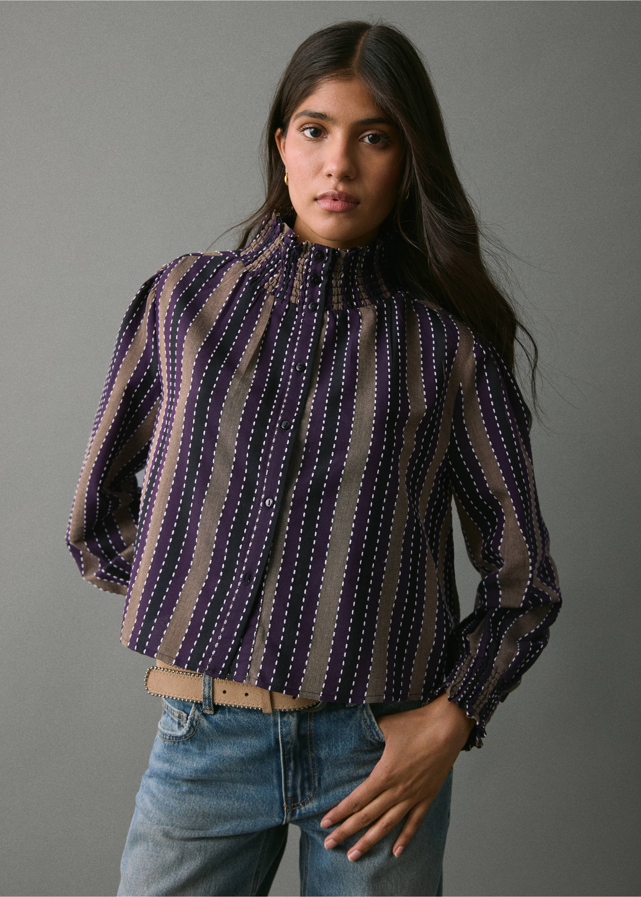 Striped blouse with embroidered details - Medium plane, Purple. Ref: 17047124-00.