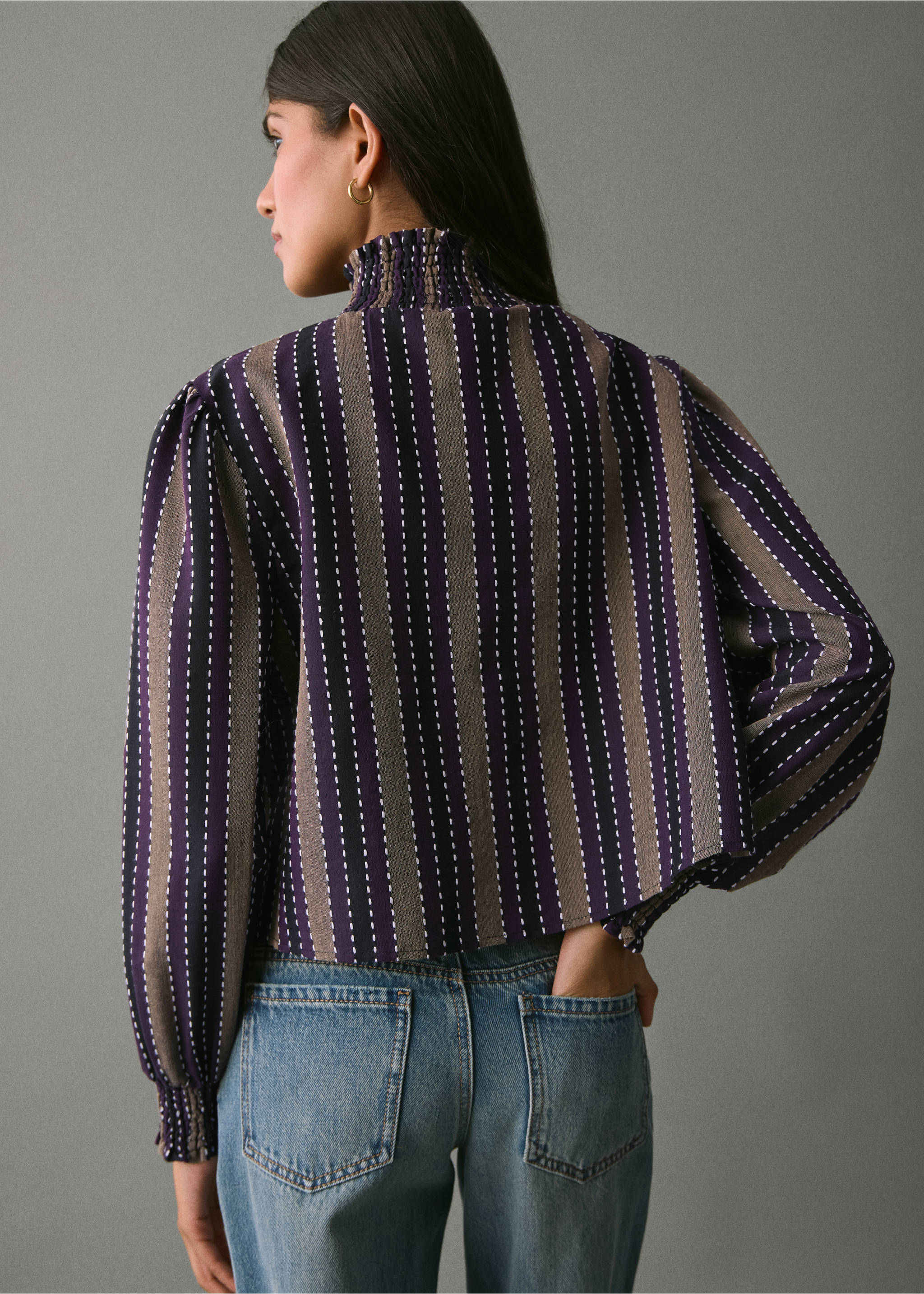 Striped blouse with embroidered details - Reverse of the article, Purple. Ref: 17047124-00.