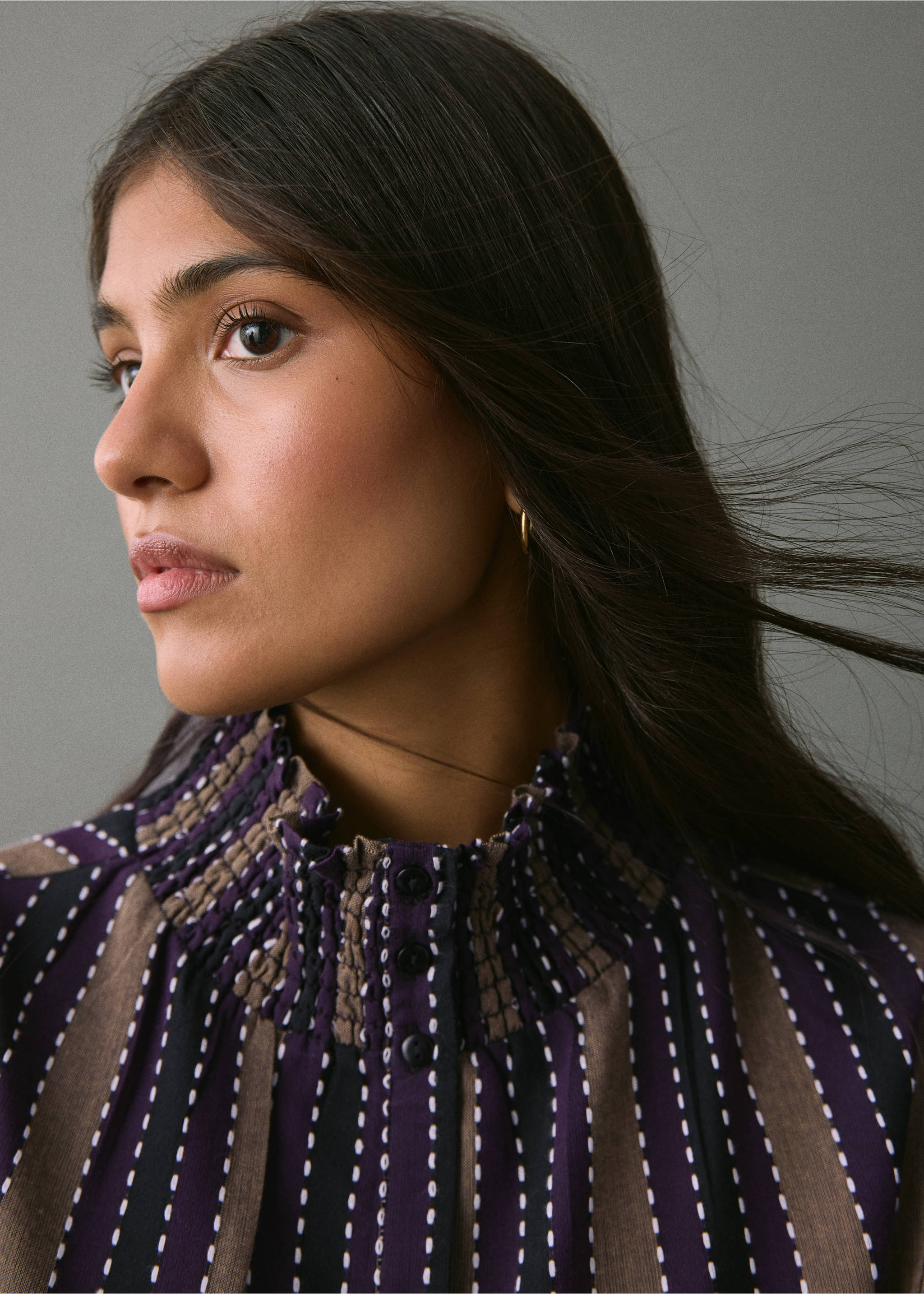 Striped blouse with embroidered details - Details of the article 1, Purple. Ref: 17047124-00.