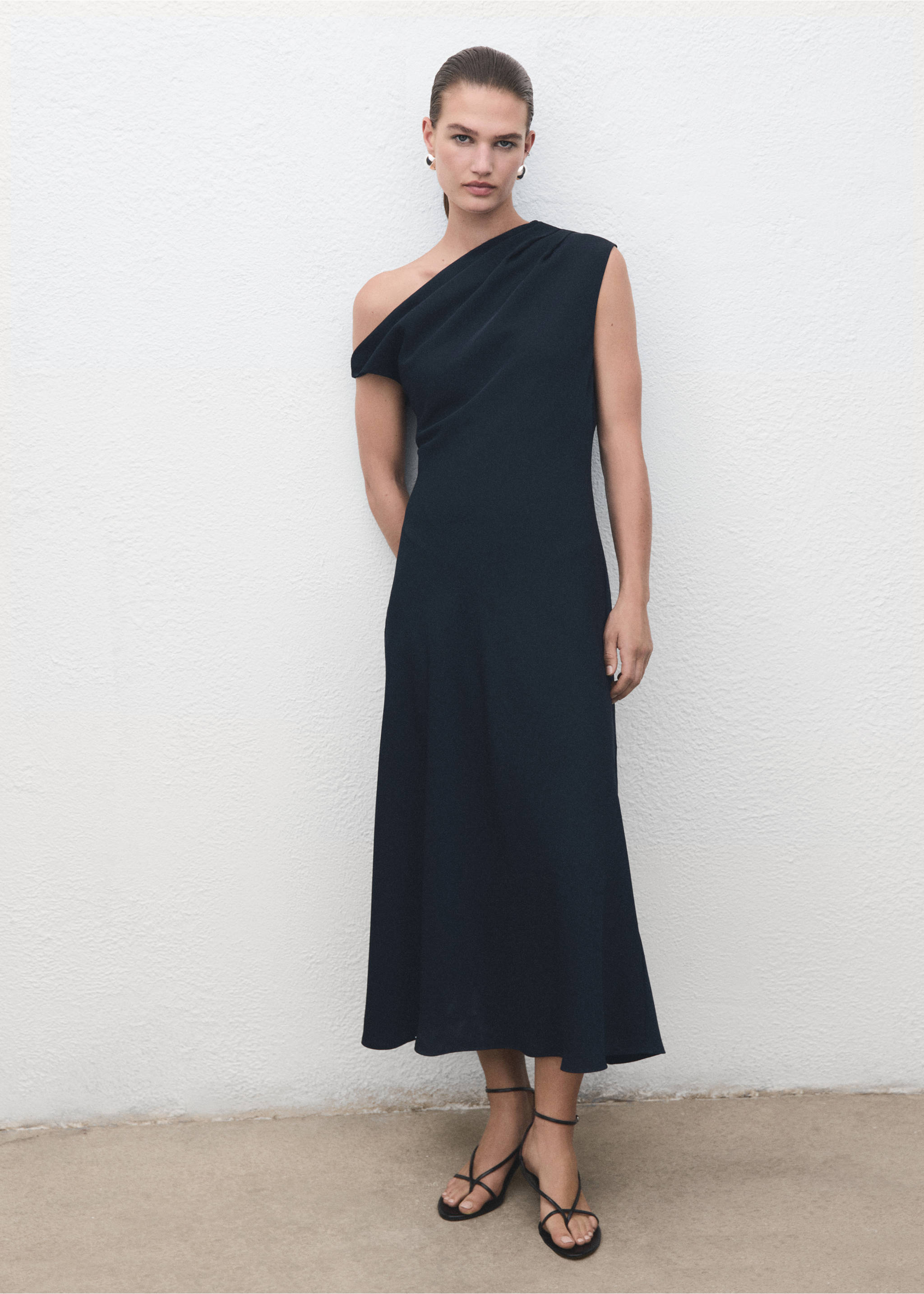 A-line dress with asymmetrical neckline - General plane, Navy. Ref: 17047137-00.