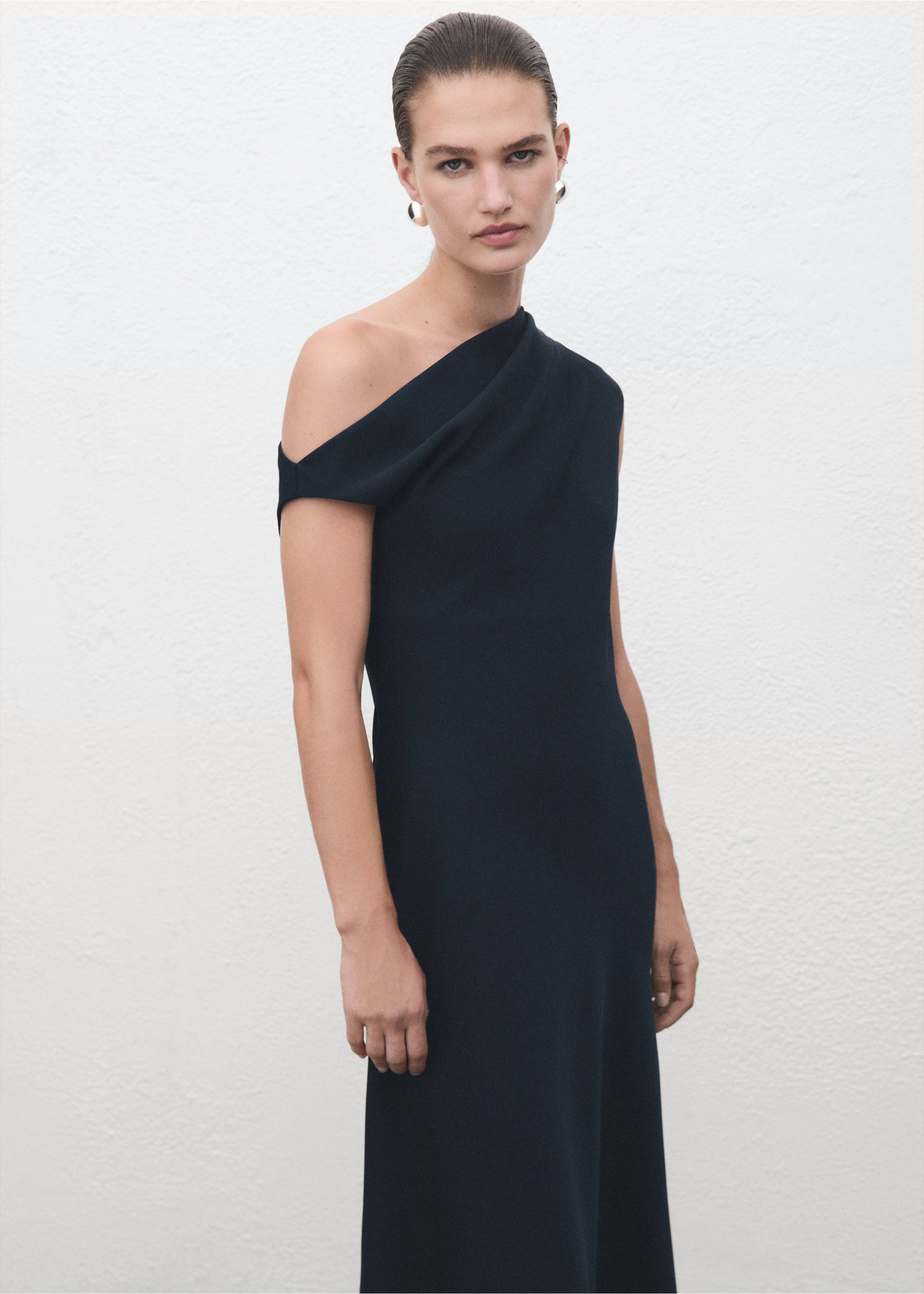 A-line dress with asymmetrical neckline - Medium plane, Navy. Ref: 17047137-00.