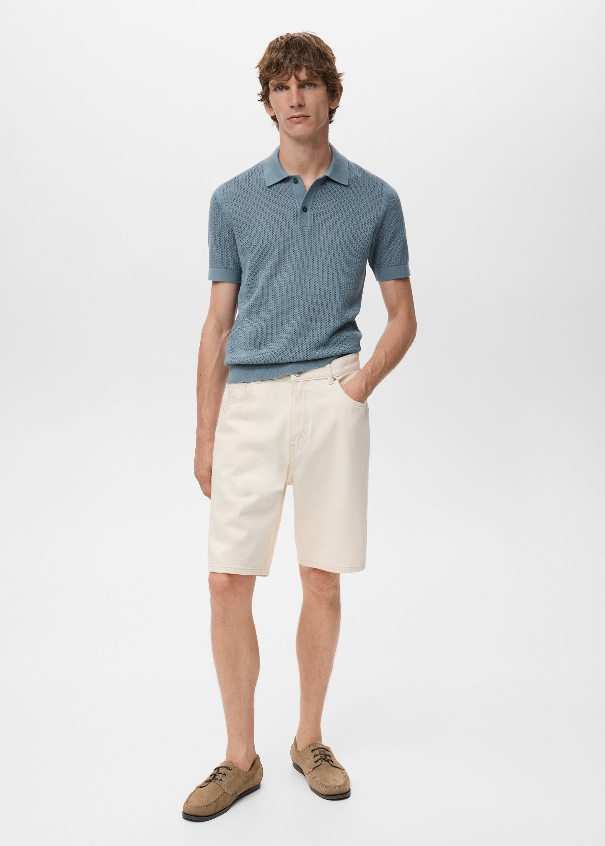 Knitted cotton polo shirt with lace pattern - General plane