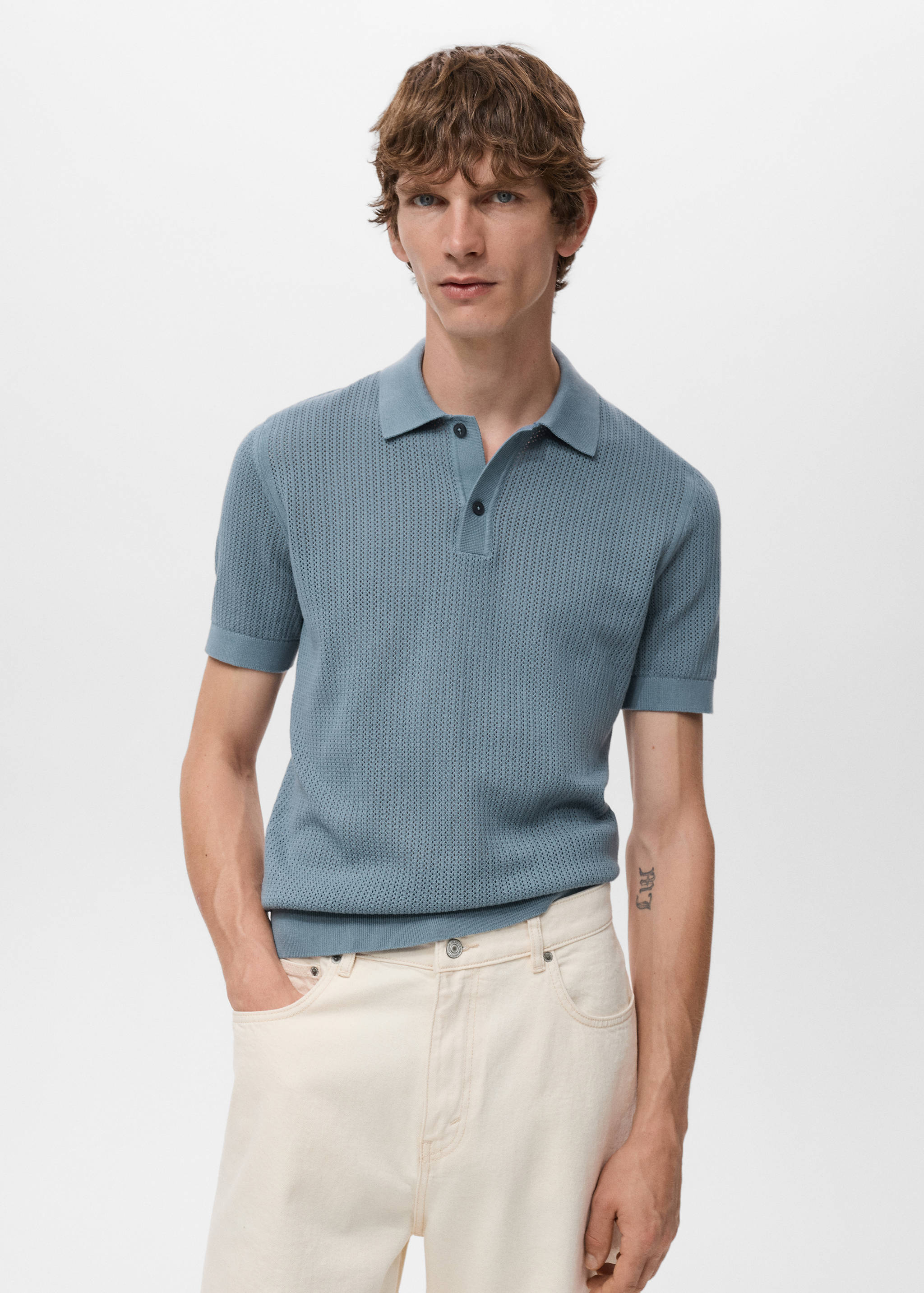 Knitted cotton polo shirt with lace pattern - Medium plane