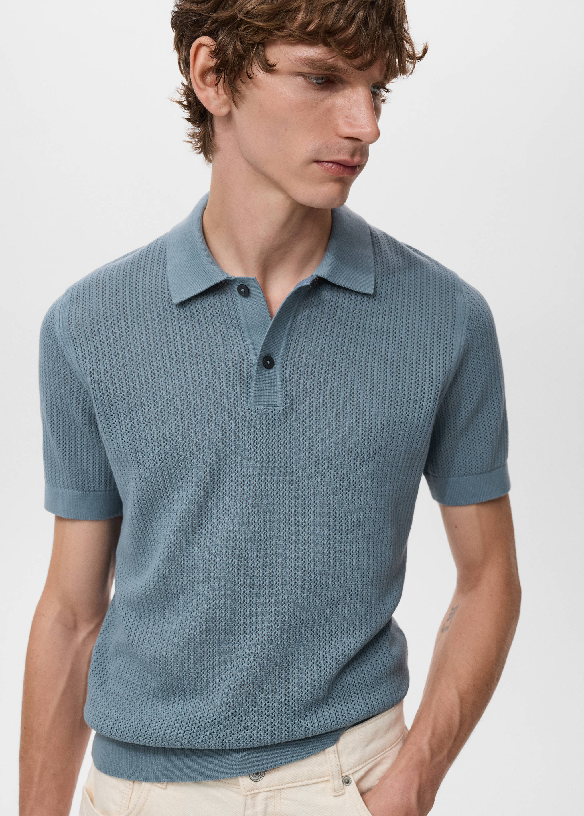 Knitted cotton polo shirt with lace pattern - Details of the article 6
