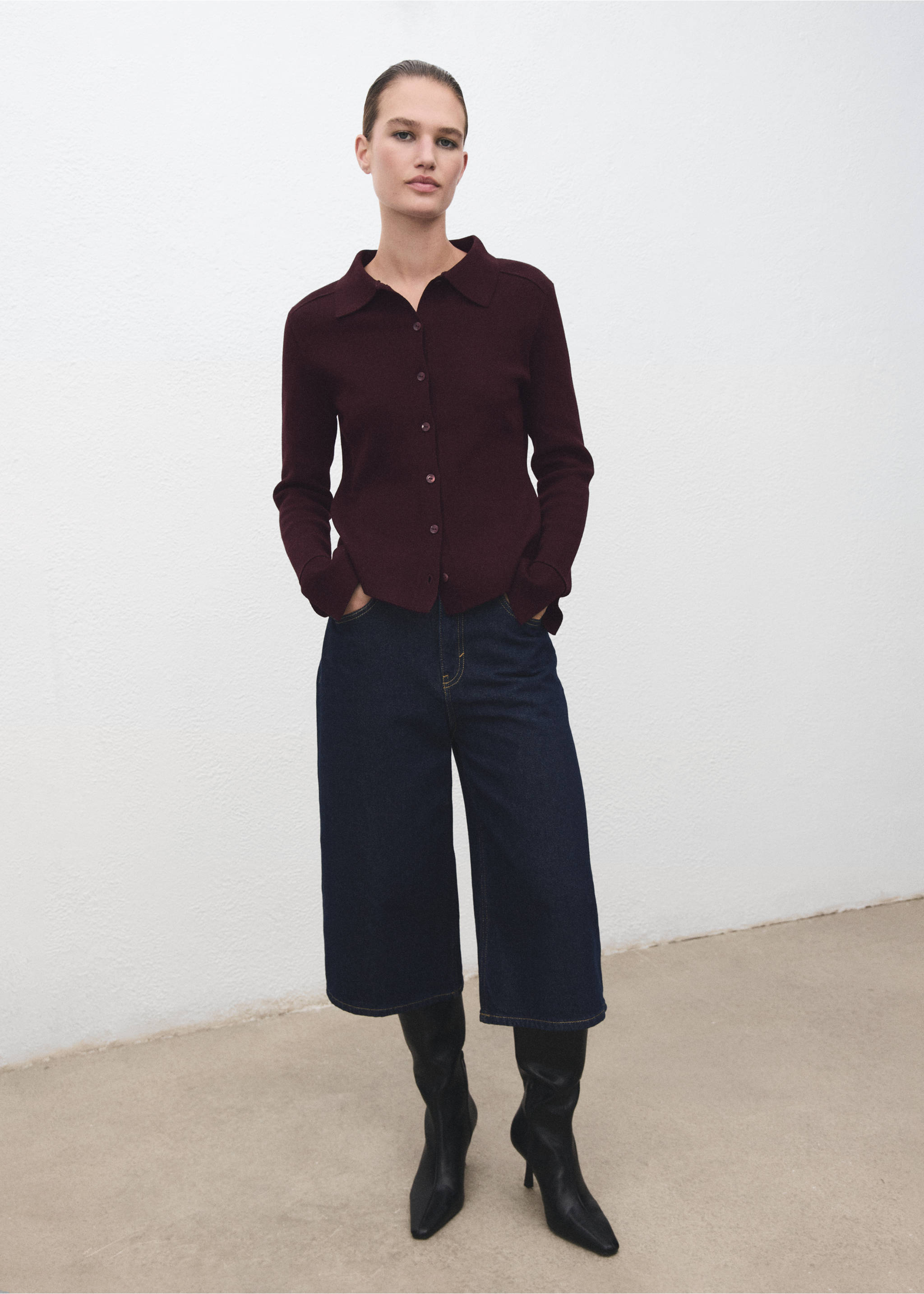 Cardigan with shirt collar - General plane, Wine. Ref: 17047813-00.