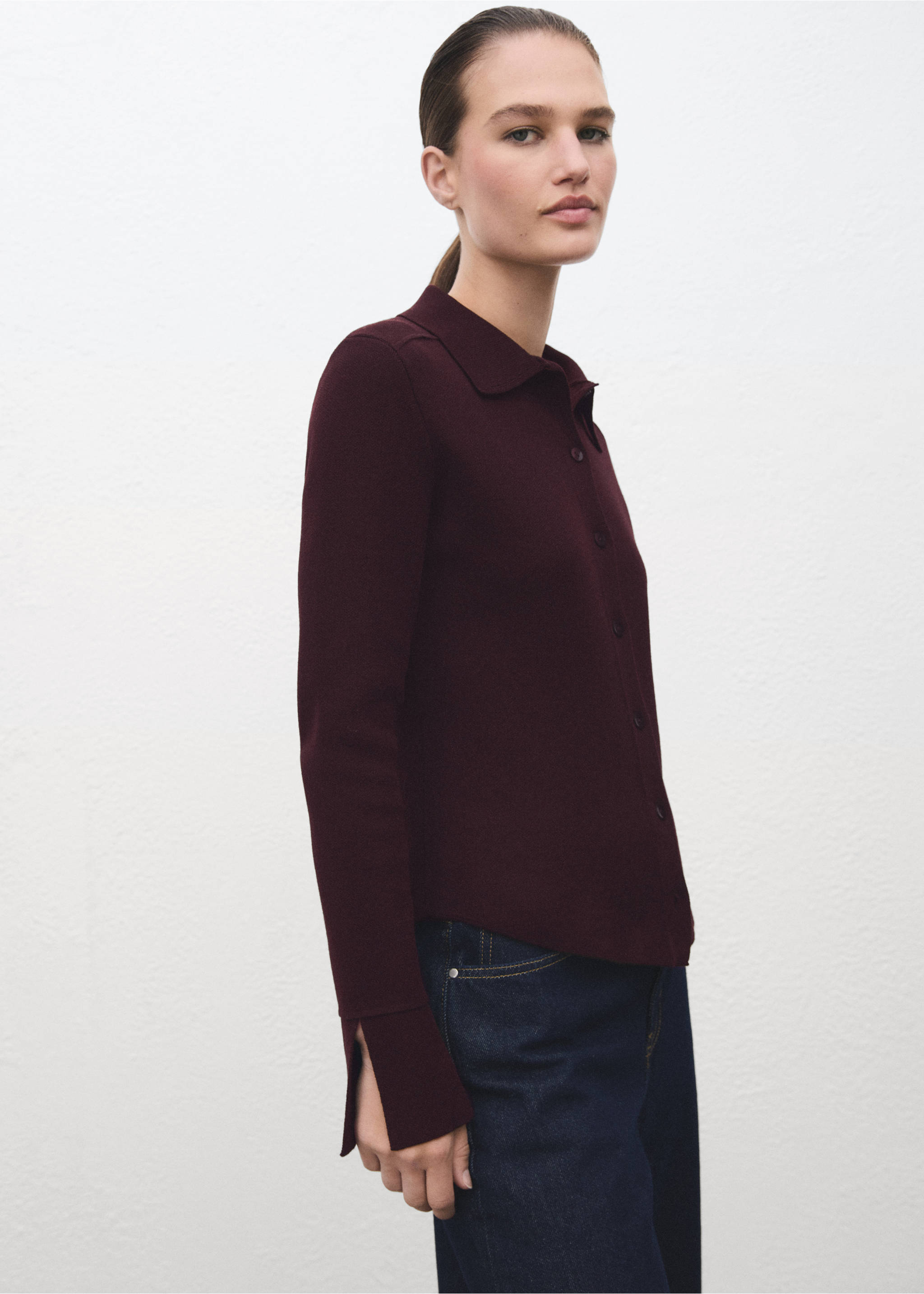 Cardigan with shirt collar - Medium plane, Wine. Ref: 17047813-00.