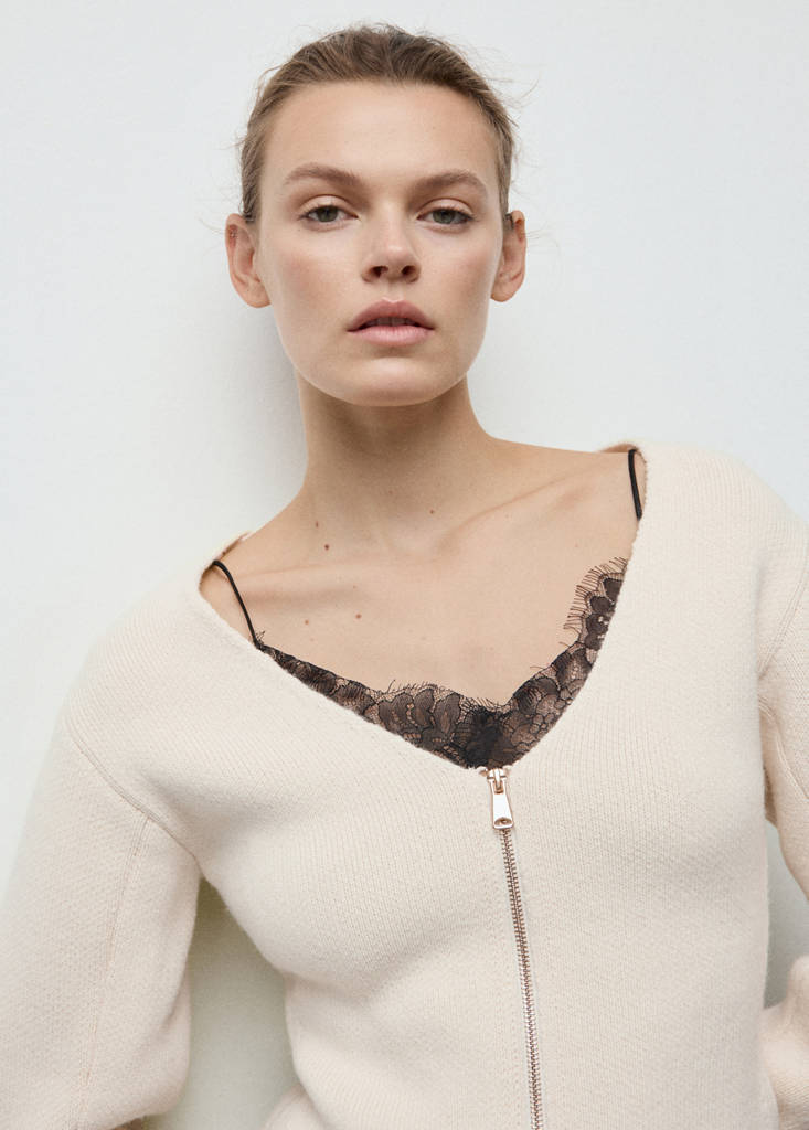 Knitted jacket with zip — Ecru