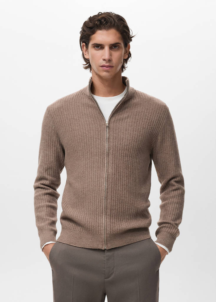 Ribbed-knit cardigan with zip — Medium Brown