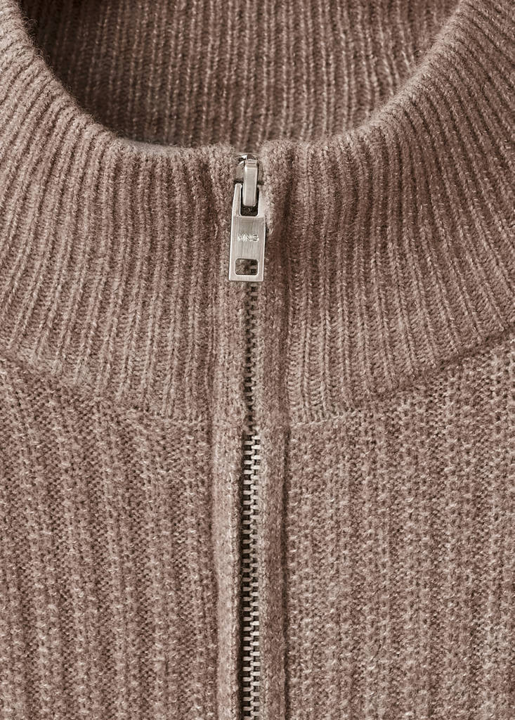 Ribbed-knit cardigan with zip — Medium Brown