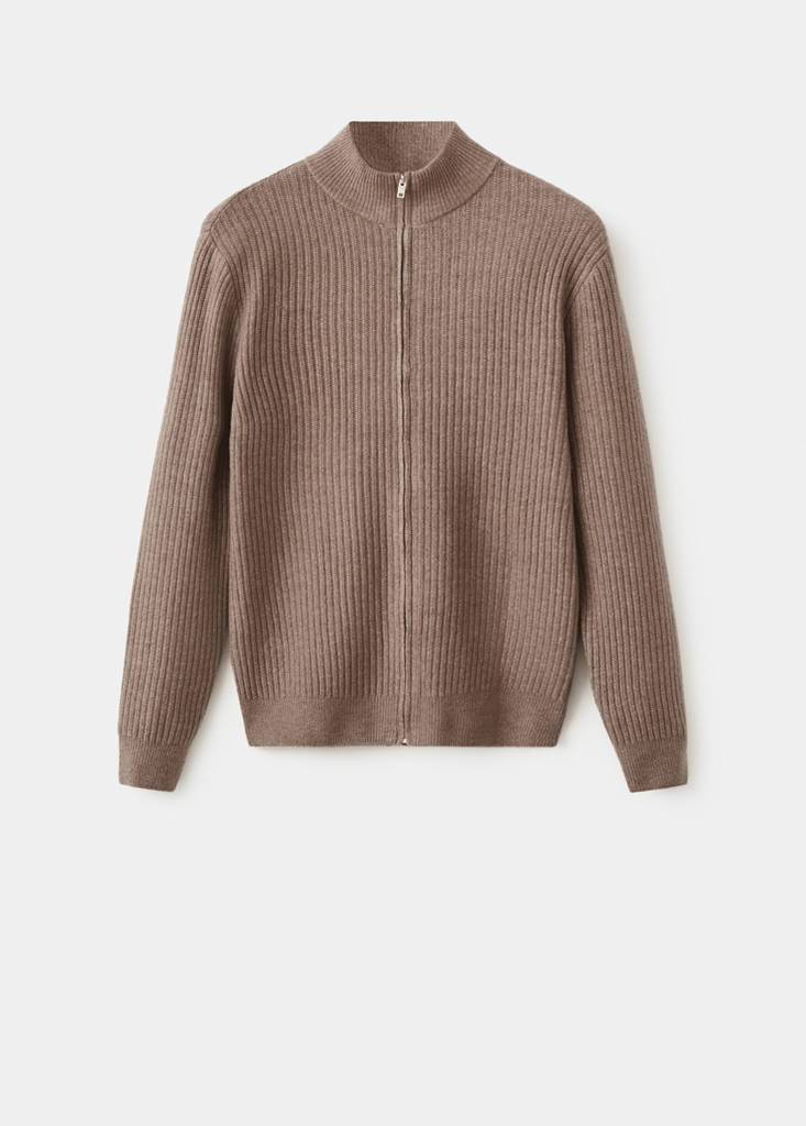 Ribbed-knit cardigan with zip — Medium Brown