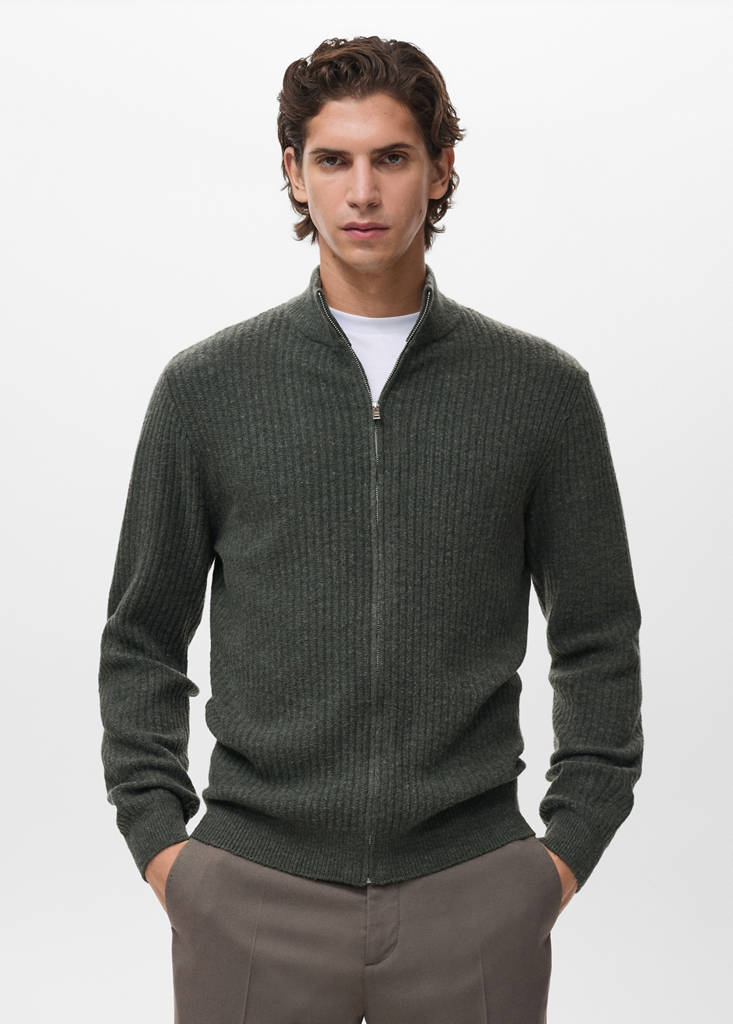 Ribbed-knit cardigan with zip — Dark Green