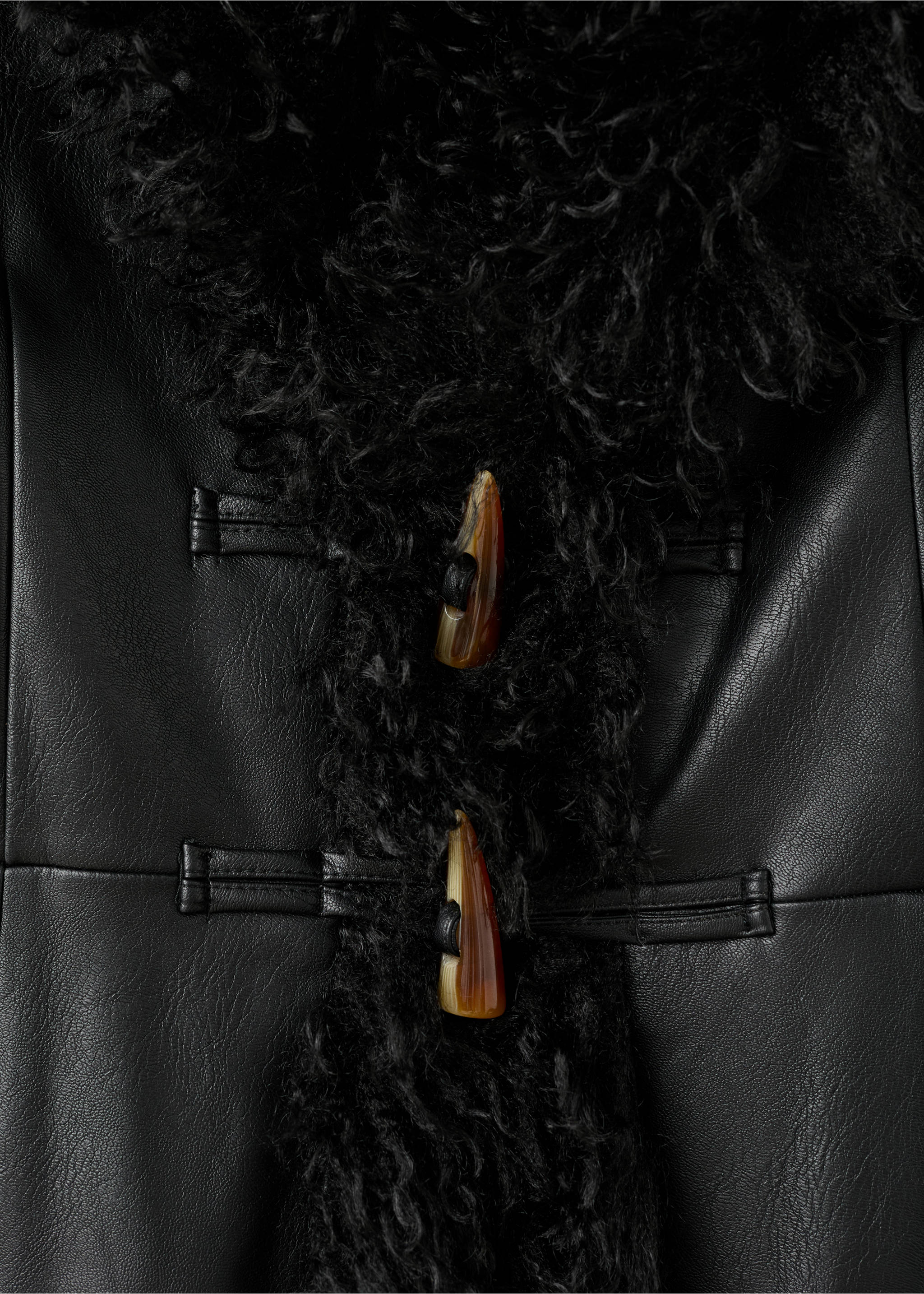 Faux-leather coat with fur trim - Details of the article 8, Black. Ref: 17047907-00.