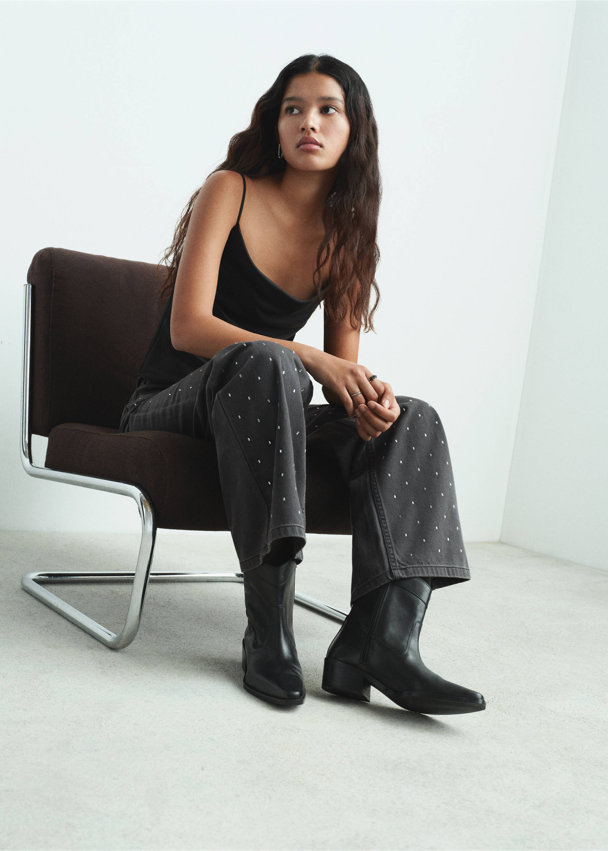 Jeans strass cristales - Plano medio, Denim negro. Ref: 17048278-00.