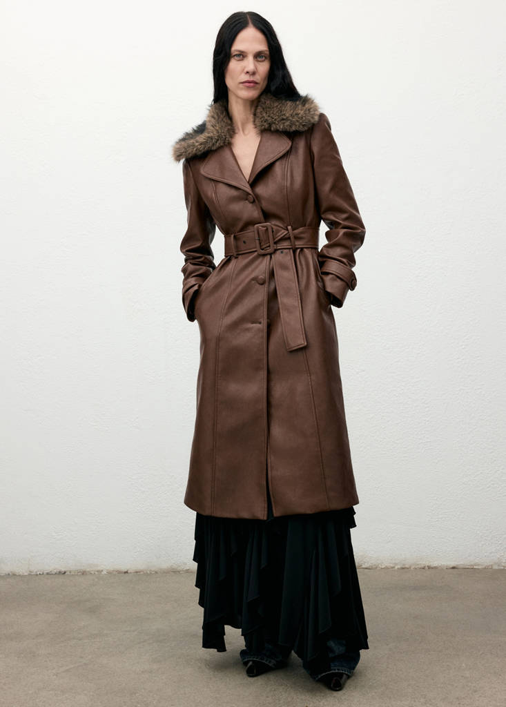 MANGO - Manteau en cuir synthétique avec col en fausse fourrure marron moyen - XXL