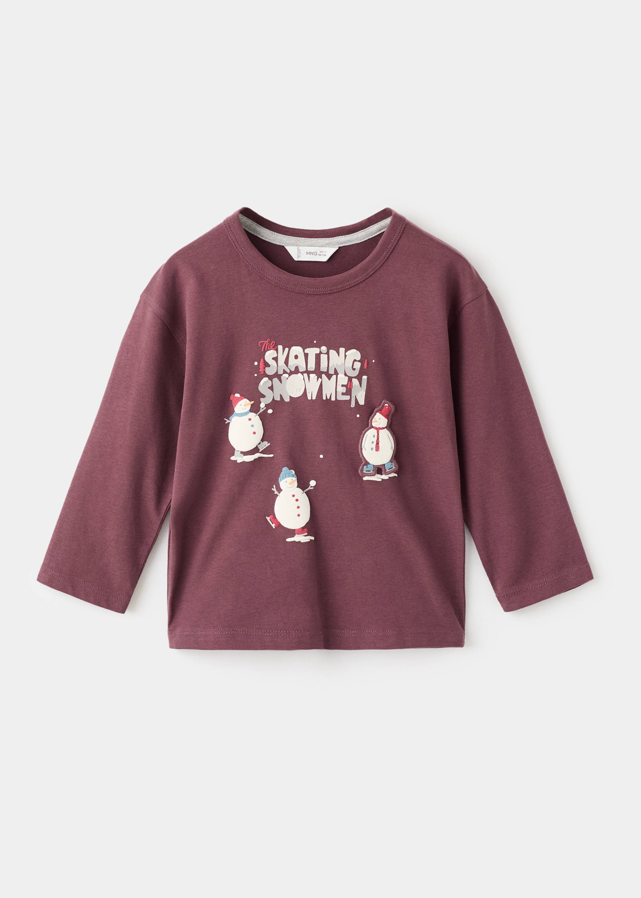 Burgundy long-sleeved kids' t-shirt with a skating snowmen graphic print.
